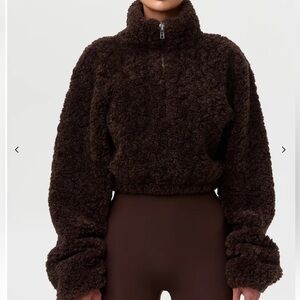 Naked Wardrobe Sherpa Quarter Zip Cropped Sweater Chocolate Brown